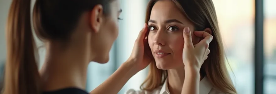 Consultation professionnelle chez un coiffeur visagiste analysant la structure du visage d'une cliente pour déterminer la coupe idéale