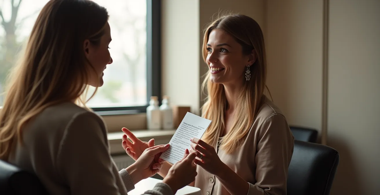 Une coiffeuse écoutant attentivement sa cliente, notant les détails de sa morphologie et de ses préférences avec respect et expertise
