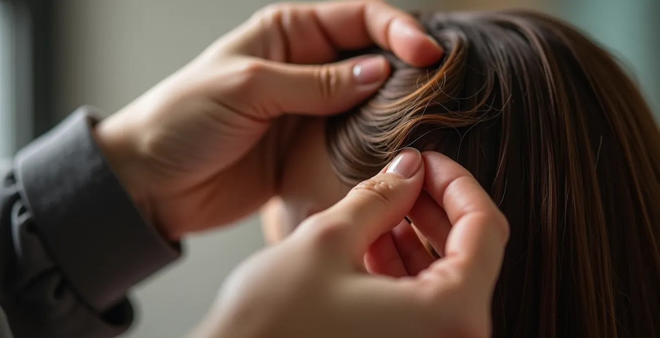 Gros plan sur des mains expertes analysant la texture des cheveux dans un salon de Lyon, lumière douce et ambiance professionnelle