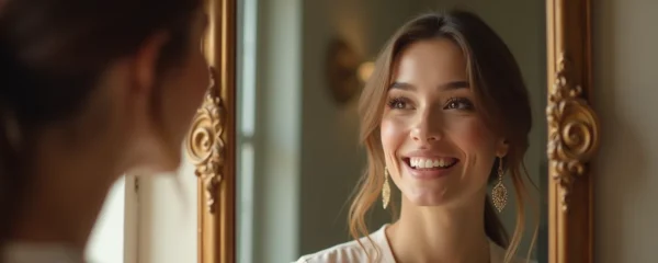 Une femme souriante face à son reflet dans un miroir de salon de coiffure, rayonnant de confiance et de satisfaction