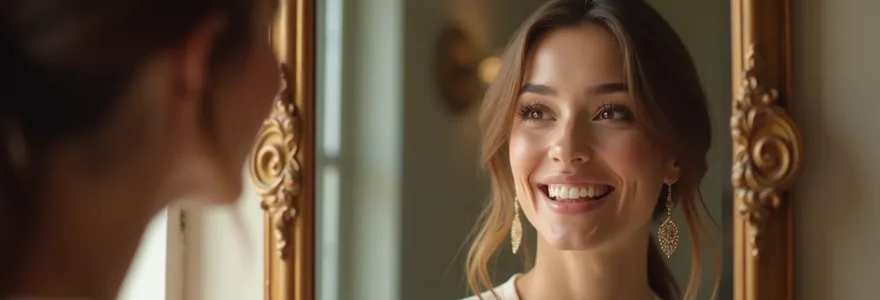 Une femme souriante face à son reflet dans un miroir de salon de coiffure, rayonnant de confiance et de satisfaction