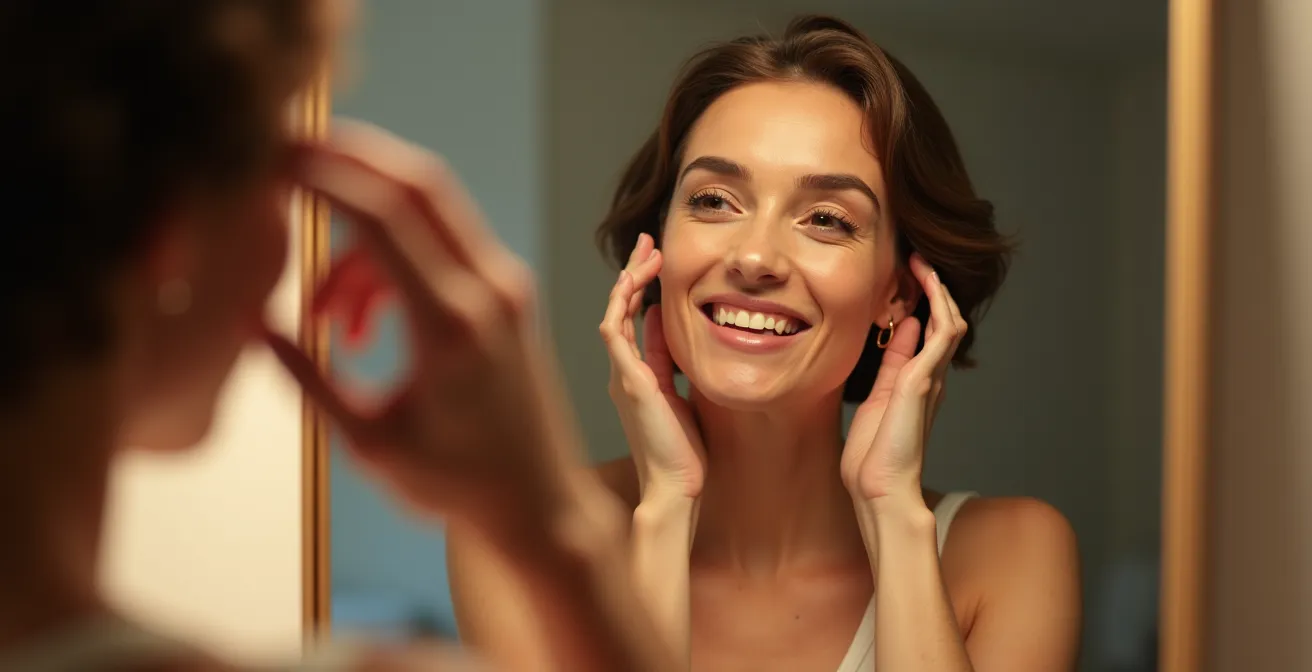 Femme se regardant dans le miroir avec assurance et bien-être après une coupe personnalisée, incarnant la valeur psychologique et pratique de la consultation visagiste