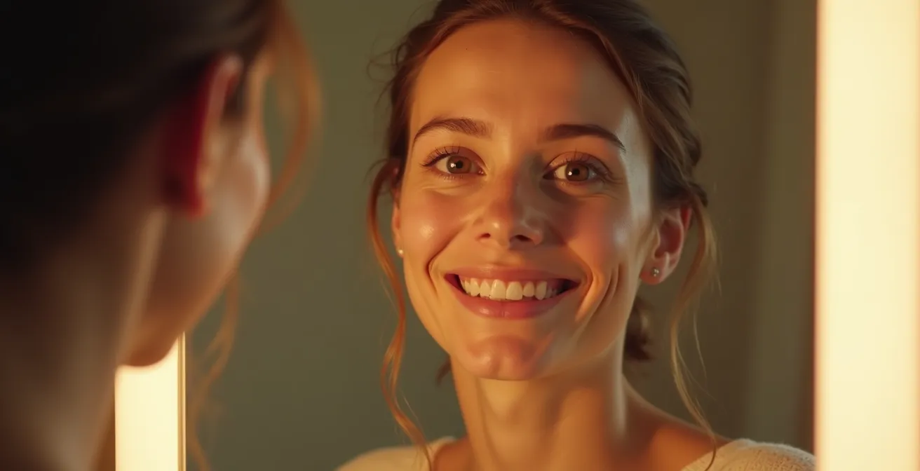 Un gros plan sur le reflet d'une personne dans un miroir, montrant l'illumination de son visage et l'harmonie de sa nouvelle coupe adaptée à sa morphologie