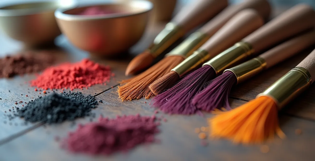 Photographie macro premium de pinceaux, coupelles et tubes de couleur sur une table élégante, textures et couleurs subtiles