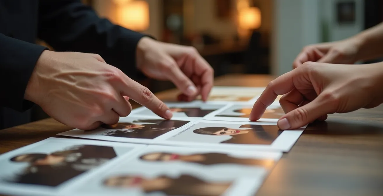 Client montrant un dossier d'inspiration avec des photos de styles de cheveux au coiffeur visagiste, symbolisant une collaboration efficace