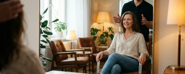 Cliente européenne en discussion avec son coiffeur expert dans un salon élégant de Neuilly