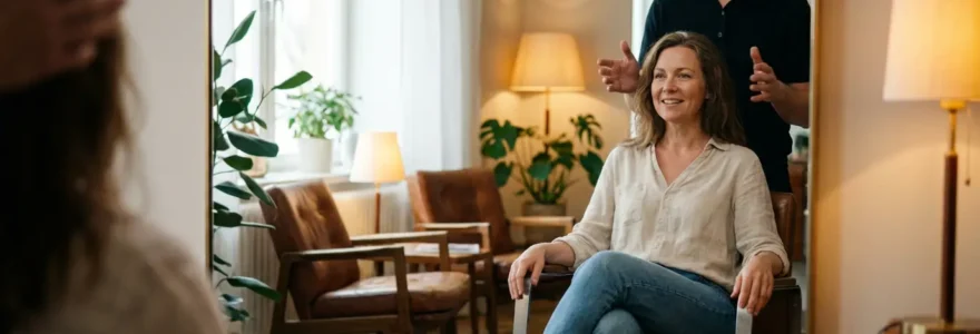 Cliente européenne en discussion avec son coiffeur expert dans un salon élégant de Neuilly
