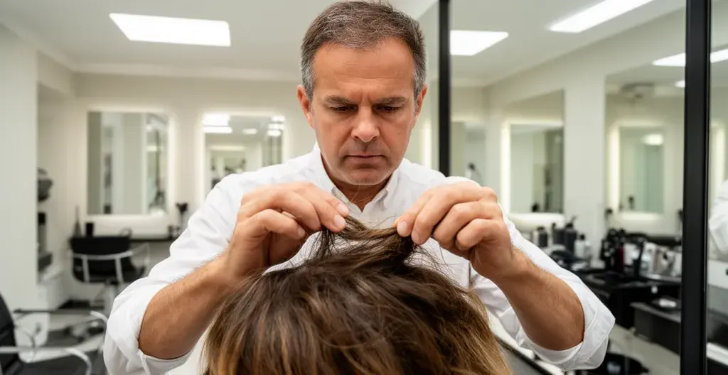Coiffeur analysant une mèche de cheveux lors d'un diagnostic capillaire