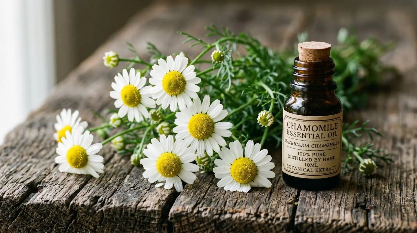 Fleurs de camomille matricaire fraîches sur fond de bois brut, évoquant l'extraction botanique naturelle pour cosmétique capillaire
